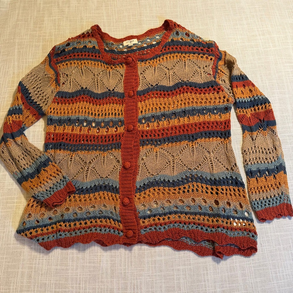 Umgee Womens Crochet Open Knit Striped Cardigan Rust Blue Earthy A0401 Size L